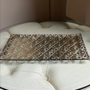 Vintage Mid-Century Modern Gold Embossed Pattern Rectangular  Glass Tray